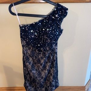 One shoulder black lace dress